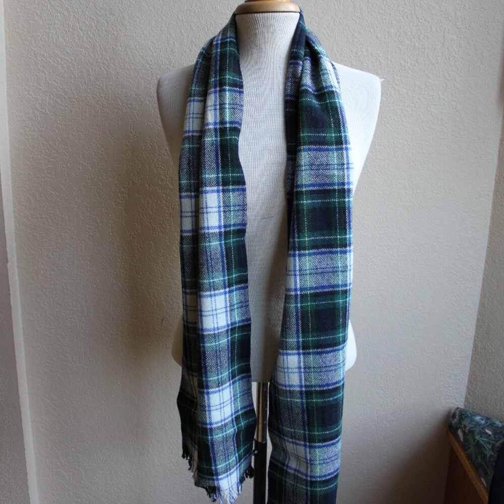 Vintage Johnny Appleseeds Green Blue White Yellow Plaid Wool Scarf 10X66"